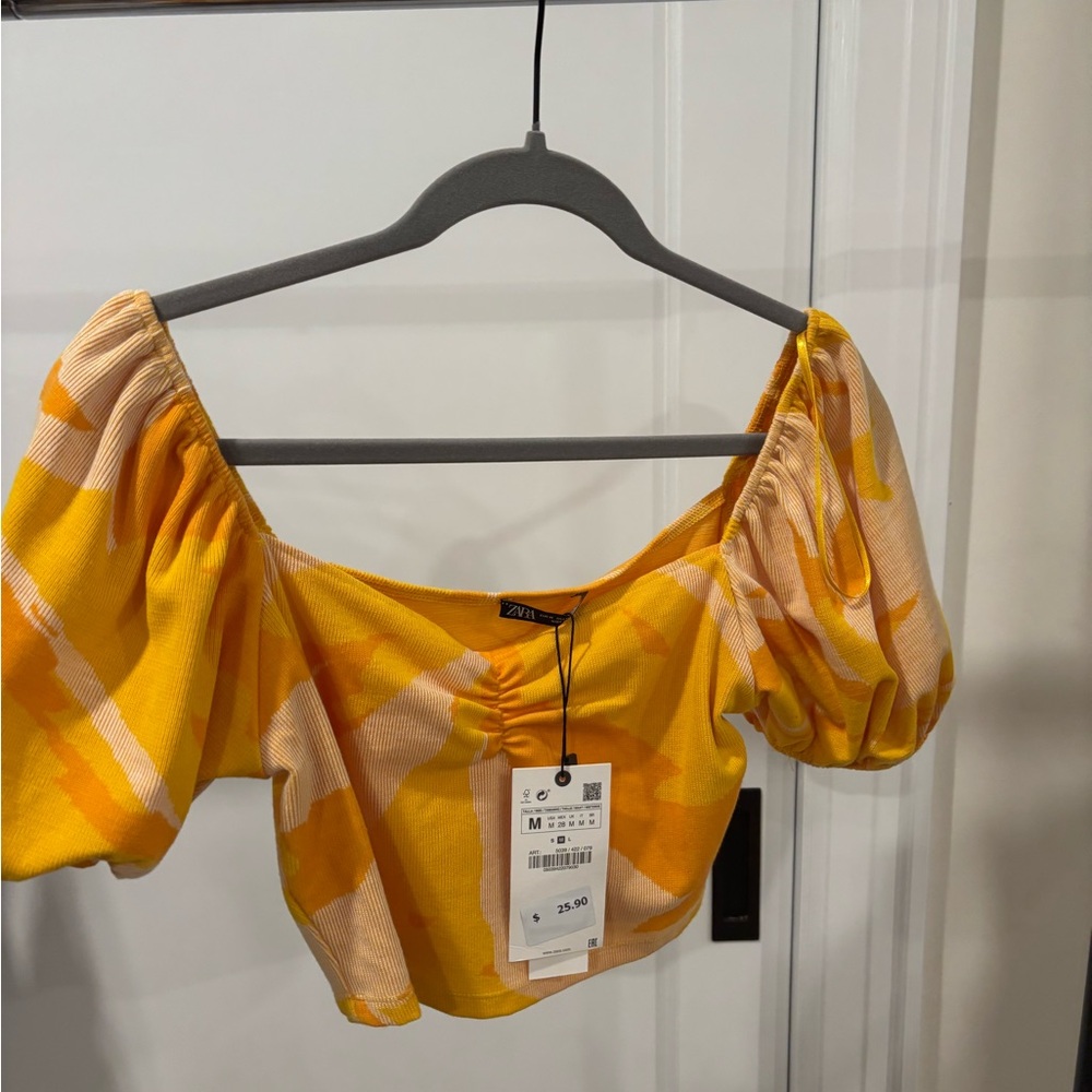 Zara Yellow & Cream Checked Puff-Sleeve Crop Top